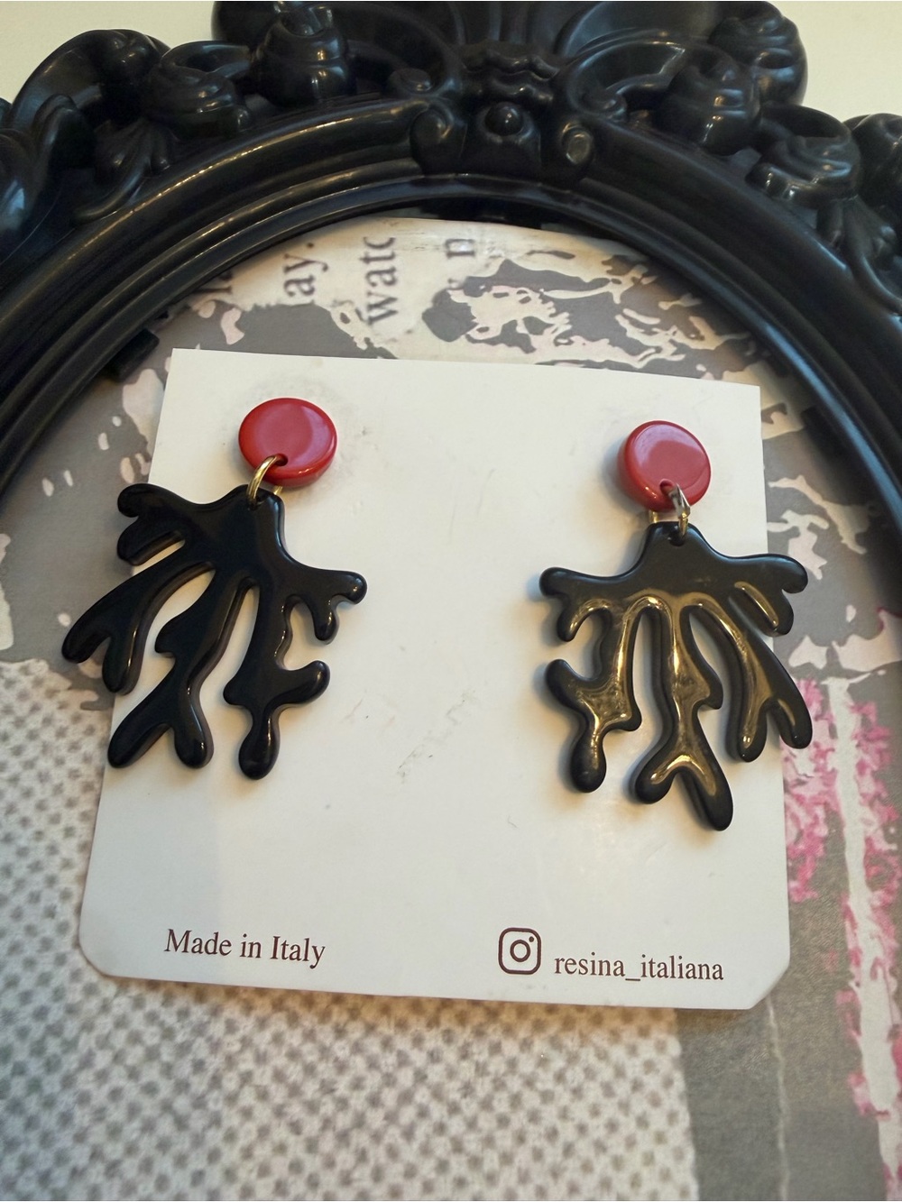 Black Lacquer Coral Drop Earrings with Red Studs- Made in Italy